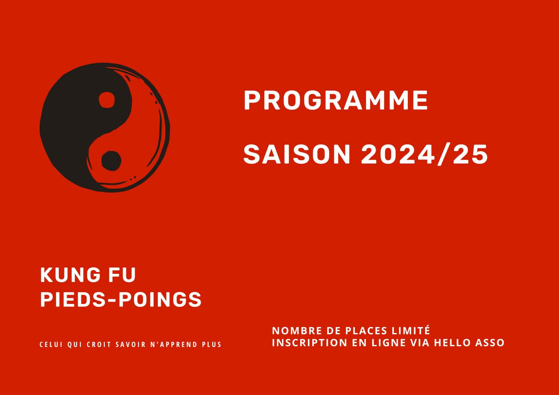 Programme des cours Kung Fu, Pieds-Poings Saison 24-25 pour Adultes, ados et enfants